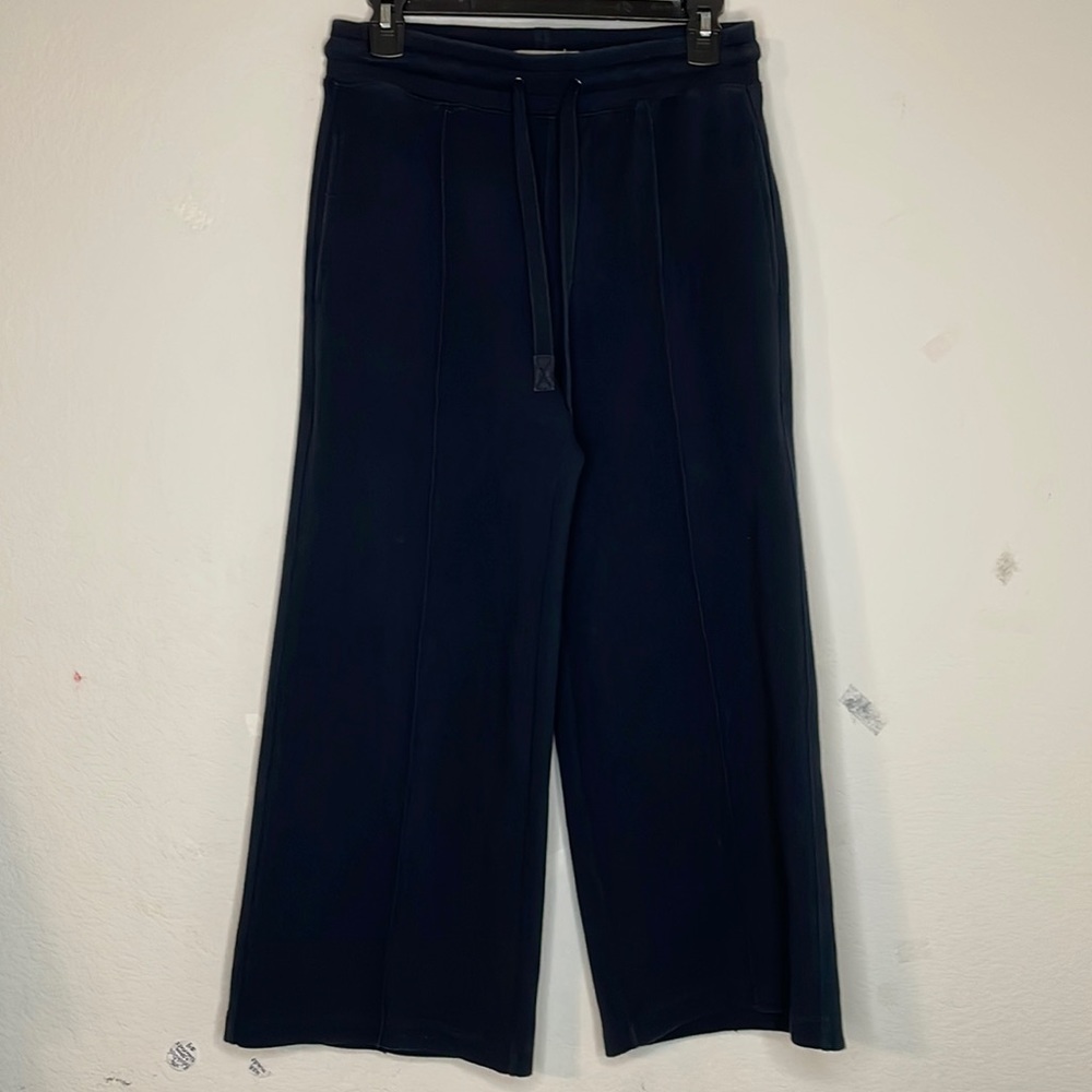 Vince Cropped Drawstring Knit Wide Leg Culottes Navy Blue Sz S